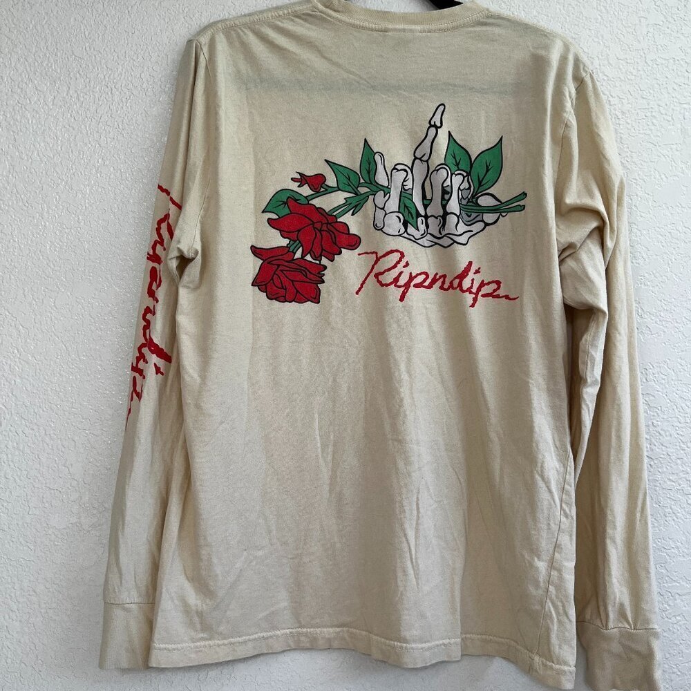 RIPNDIP Shirt Mens Medium Beige Skeleton Middle Finger Long Sleeve‎ Tee